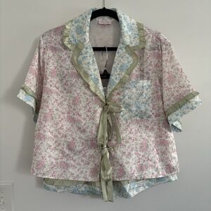 Pink Lily Women's Pajama Set. Floral Patchwork Satin BowTie Ruffles Relaxed SzS